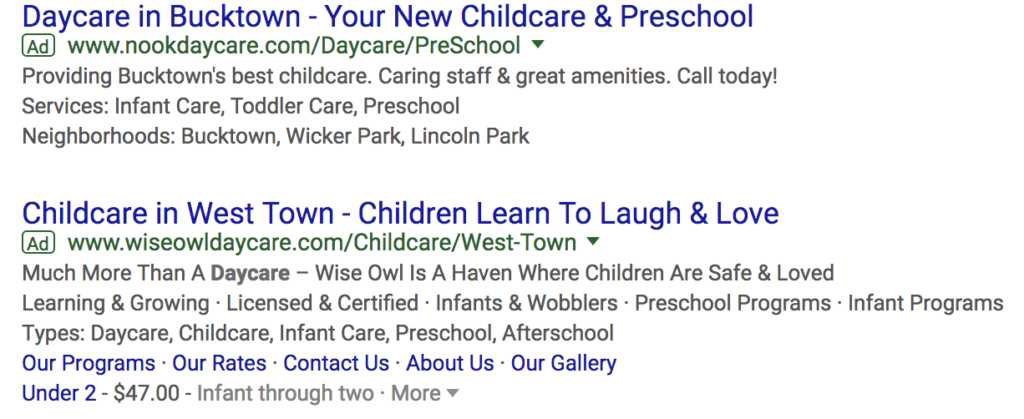 daycare adwords